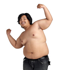 Asian Happy Fat Boy Acting Bodybuilding feeling good Health isolated on white background