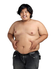 Asian Happy Fat Boy Acting Bodybuilding feeling good Health isolated on white background