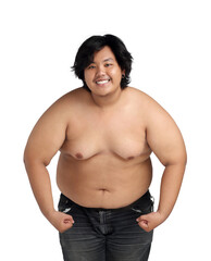 Asian Happy Fat Boy Acting Bodybuilding feeling good Health isolated on white background