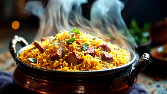 Cinematic Top-View Shot of a Full Kacchi Platter | Rich, Flavorful Mutton Biryani Feast