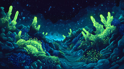 Vibrant green coral reef flourishing underwater at night. Bioluminescent Coral Reef. Illustration