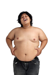 Asian Happy Fat Boy Acting Bodybuilding feeling good Health isolated on white background