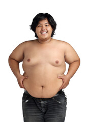 Asian Happy Fat Boy Acting Bodybuilding feeling good Health isolated on white background