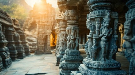 Ancient Monument with Intricate Carvings and Soft Lighting