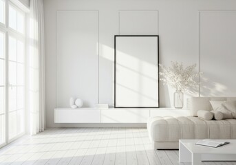mock up poster frame in modern interior background, living room, Scandinavian style, 3D render, 3D illustration