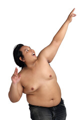 Asian Happy Fat Boy Acting Bodybuilding feeling good Health isolated on white background