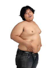 Asian Happy Fat Boy Acting Bodybuilding feeling good Health isolated on white background
