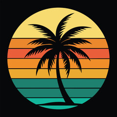 Retro Palm Tree Sunset Silhouette with Vintage Stripes
