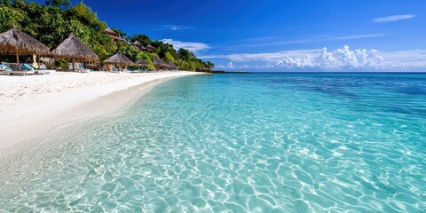 Fototapeta premium Tropical island lagoon with white sandy beaches, crystal-clear water gently lapping the shore, peaceful and exotic paradise