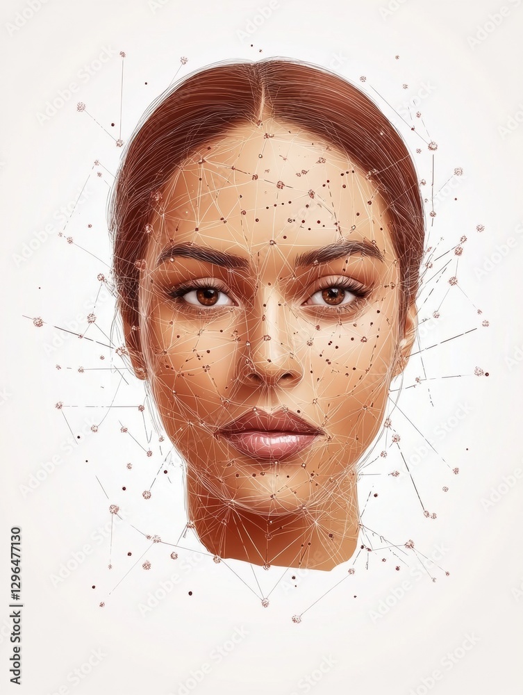 Poster detailed medical illustration showing botox injection points on a female face with intricate anatomi