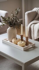Minimal coffee table decor with a wooden tray, a ceramic vase, candleholders and white decorative pumpkins