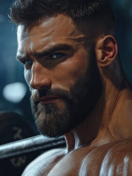Closeup portrait of a muscular man workout with barbell at gym