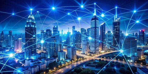 Fototapeta premium Futuristic Cityscape: Blockchain Evolution & Holographic Data Streams - Neon Blue Tech