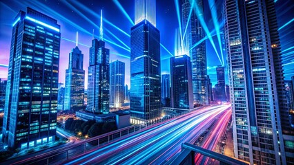Obraz premium Futuristic Cityscape: Blue Neon Energy Trails & Cyberpunk Architecture