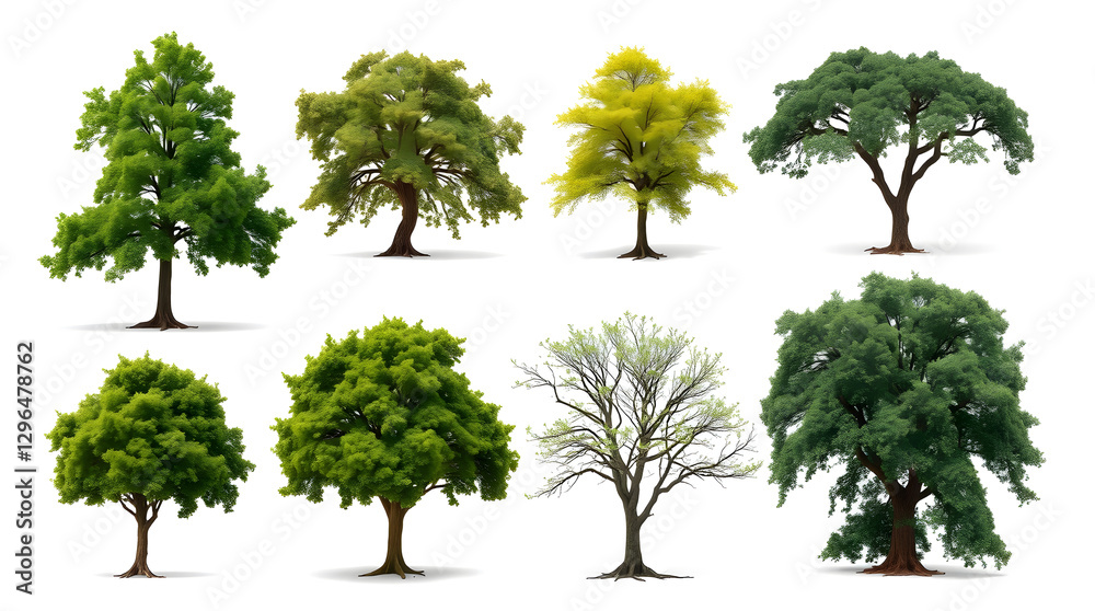 Poster a collection of various tree illustrations, each displaying a different shape and foliage style. The trees are vibrant and well-detailed, suitable for diverse design applications. 