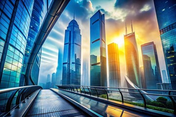 Fototapeta premium Futuristic Cityscape: Glass Skyscrapers in Foggy Atmosphere - Abstract Architecture