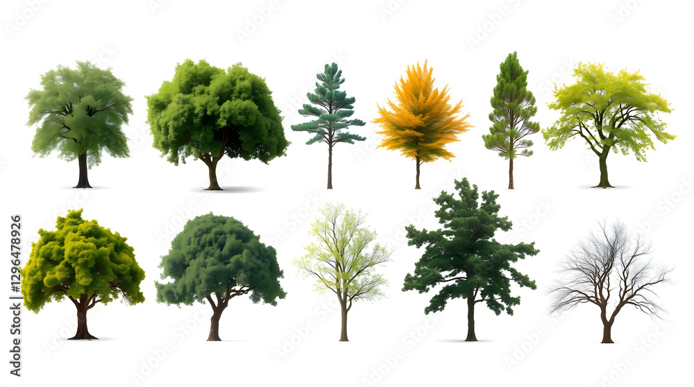 Poster a collection of 10 different types of trees, each rendered in vibrant colors against a white backgro