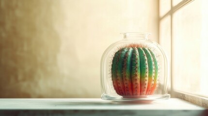 Vibrant rainbow cactus in glass terrarium on sunlit windowsill
