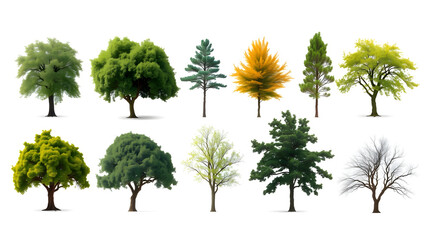 Fototapeta premium a collection of 10 different types of trees, each rendered in vibrant colors against a white background, providing a diverse selection for your creative projects