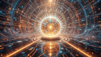 Fototapeta premium Futuristic glowing sphere in a technological digital environment Abstract background with orange and blue light rays