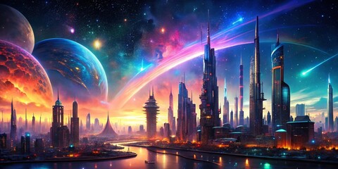 Obraz premium Futuristic Cityscape: Neon Lights, Cosmic Background, Sci-Fi Architecture Stock Photo