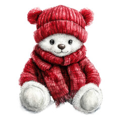 Watercolor Bear in Red Knit Hat and Scarf, Transparent Background