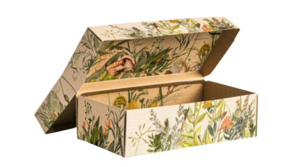Open cardboard box with floral print on transparent background