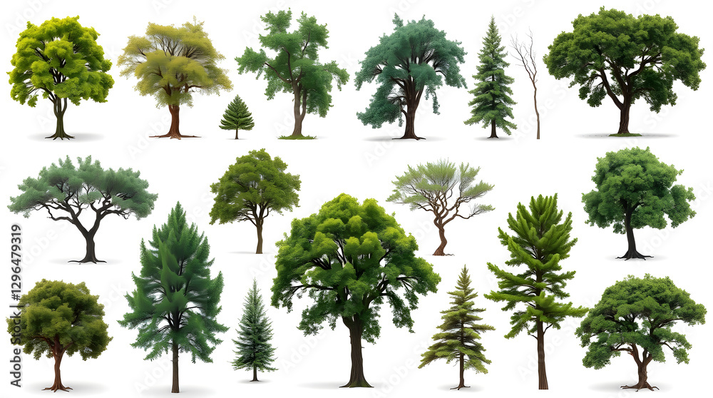 Poster a collection of various trees isolated, showcasing diverse foliage and sizes