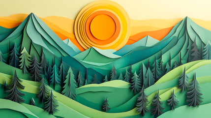 Obraz premium Vibrant sun over serene paper art landscape with green mountains and trees