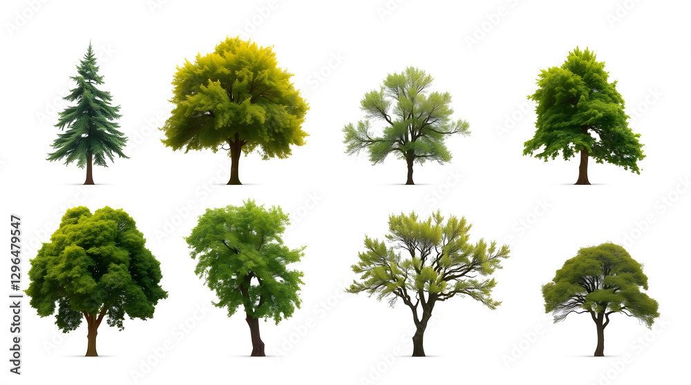 Poster a collection of diverse trees, each with unique shapes and sizes, showcasing the variety of nature