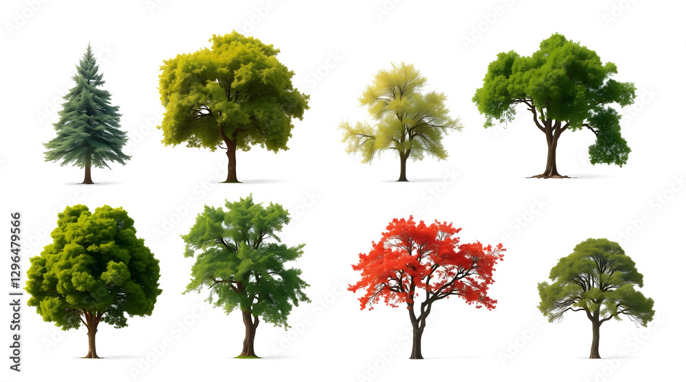 Poster a collection of various trees in different shapes and colors, arranged in a row against a clean background