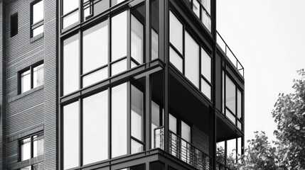 Fototapeta premium Modern apartment building exterior, city, balcony, windows, grey brick