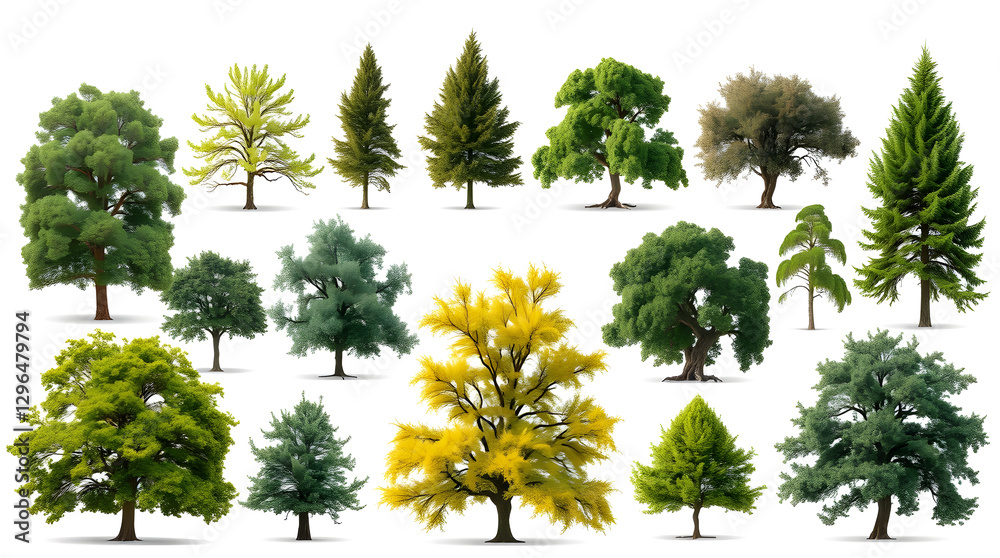 Poster various types of trees with green leaves. The image showcases different species of trees, highlighting the beauty and diversity of nature. The collection features both deciduous and coniferous trees.