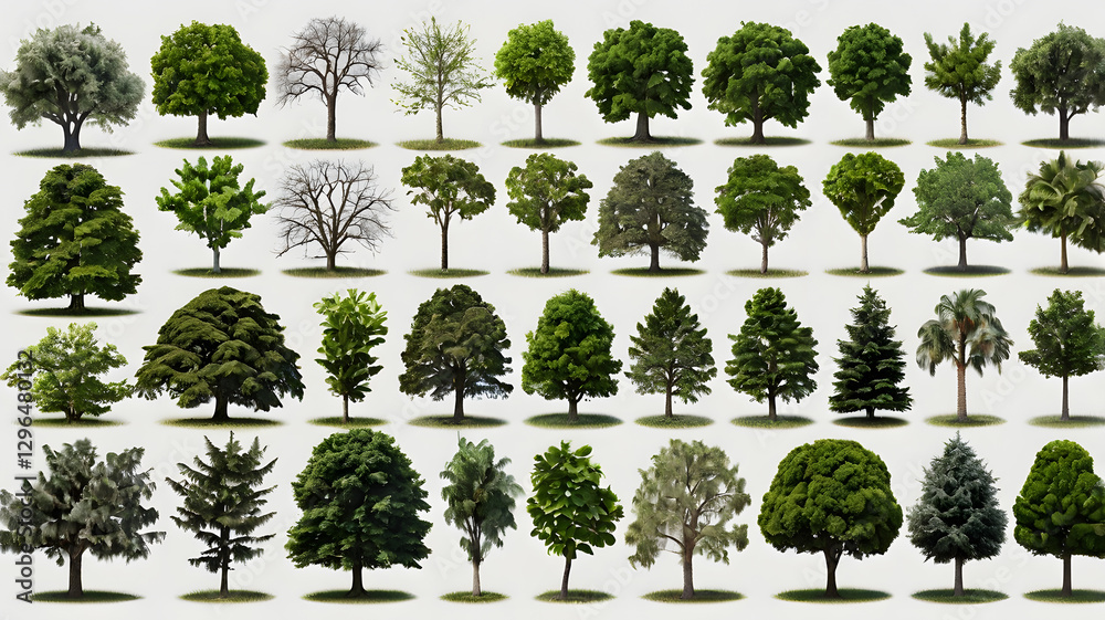Aufkleber various types of trees against an isolated backdrop. The image shows diverse tree species with detailed foliage