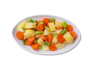 Cooked vegetables in a plate isolated over white background