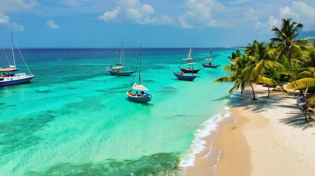 Tranquil Caribbean Shoreline with Colorful Boats and Pristine Beach