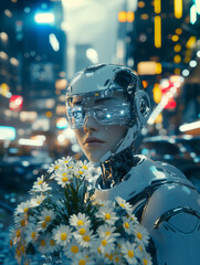Naklejka premium Serene Female Robot with Daisies in Hand, Cityscape Background