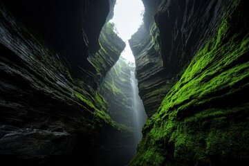 Tropical rainforest waterfall hidden within a misty canyon, vibrant green moss covering the rocky walls