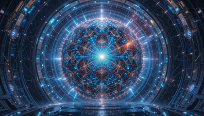 Futuristic Sci Fi Spaceship Interior with Glowing Orb Mandala Abstract Technology Background