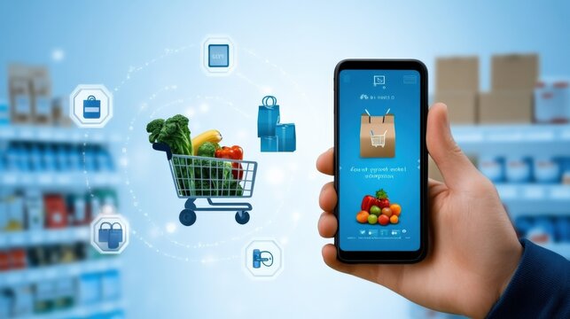 Online grocery shopping app revolutionizes food purchase experience retail space digital content urban environment interactive viewpoint convenience concept