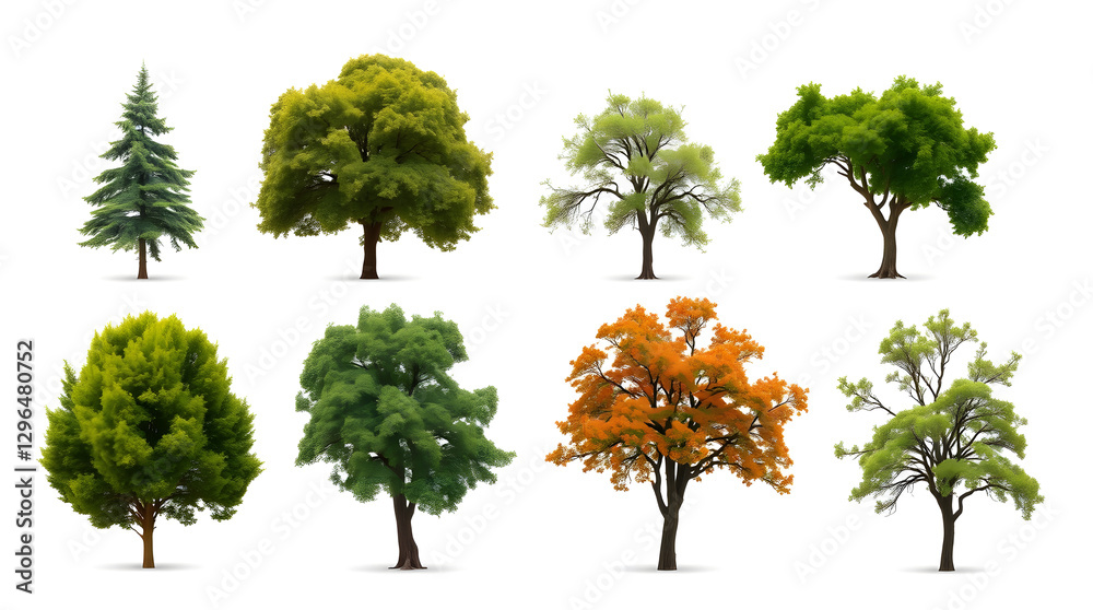 Poster collection of various trees, each with unique shape and color. This is a stunning showcase of the diversity found in nature