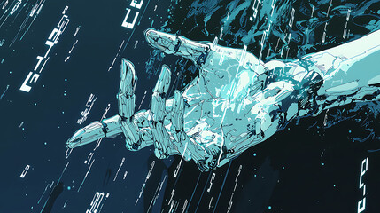 Naklejka premium Futuristic hand interacting with binary data and digital interface in a high-tech environment