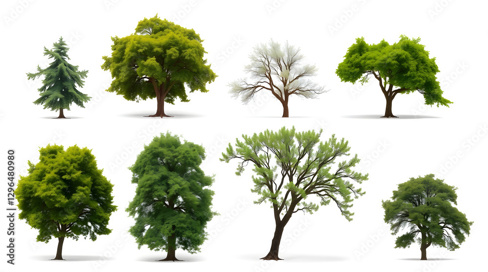Poster a collection of diverse trees with different shapes and colors against a backdrop