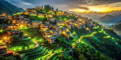 Fototapeta premium Futuristic Eco City: Long Exposure of Green Terraced Buildings at Night