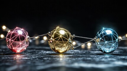A string of glowing orbs in red, gold, and blue, connected by a central wire.