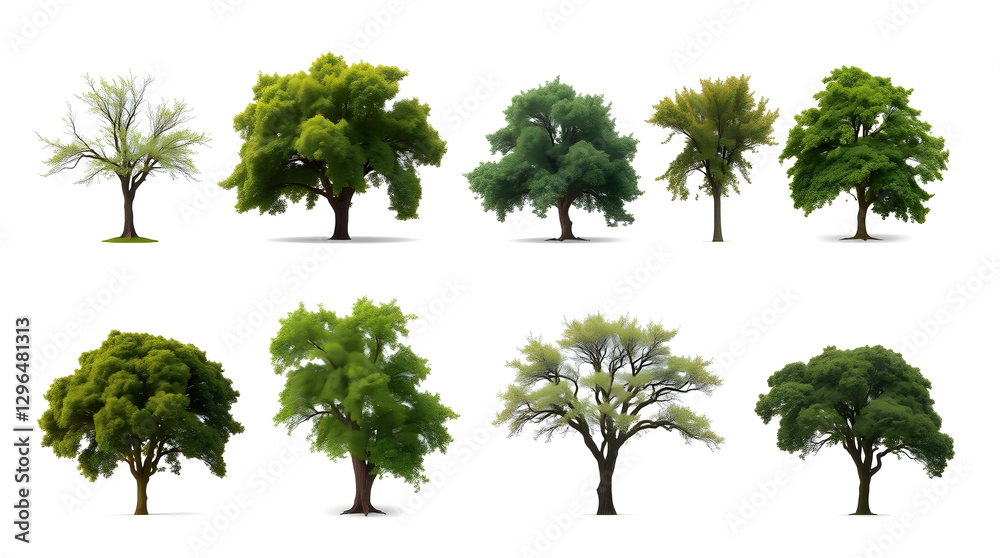 Poster a collection of various trees isolated on a blank canvas, showcasing their unique shapes, colors, and textures