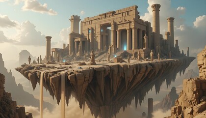 Floating Ancient Sandstone Ruins with Glowing Crystals in the Sky