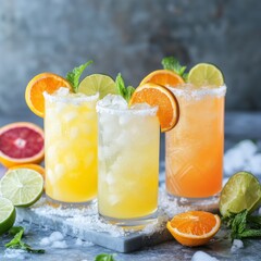 Fototapeta premium Citrus splash mocktails, zesty lemon, lime, and orange drinks Three colorful summer cocktails with citrus fruits