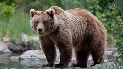 A clean-looking photo of a brown bear in its natural habitat, captured with sharp details and a serene, unobtrusive background.