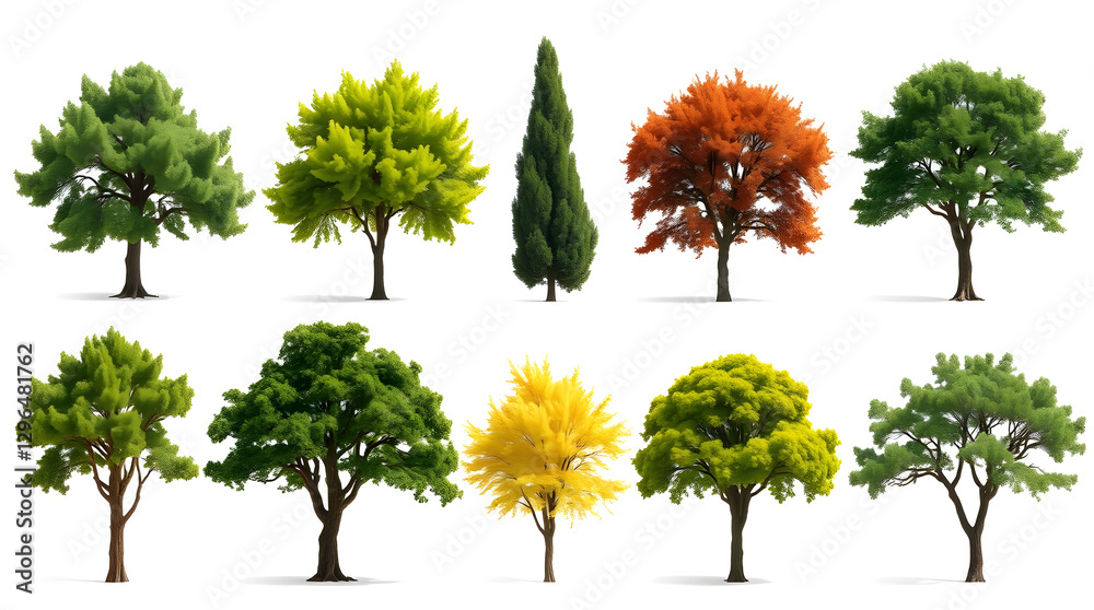 Poster a collection of trees showcases a variety of colors and shapes, each with a distinct appearance 